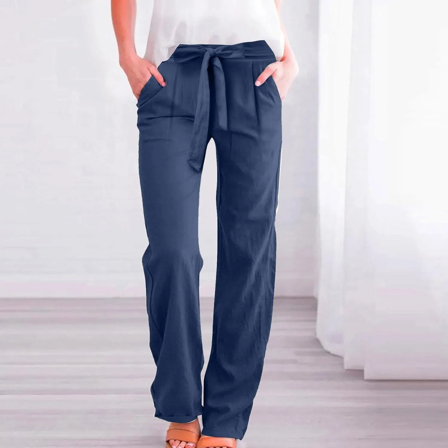 Plus Size Linen Pants for Women Straight Leg Lightweight Summer Pants Casual Loose High Waisted Lounge Pants w/Pockets