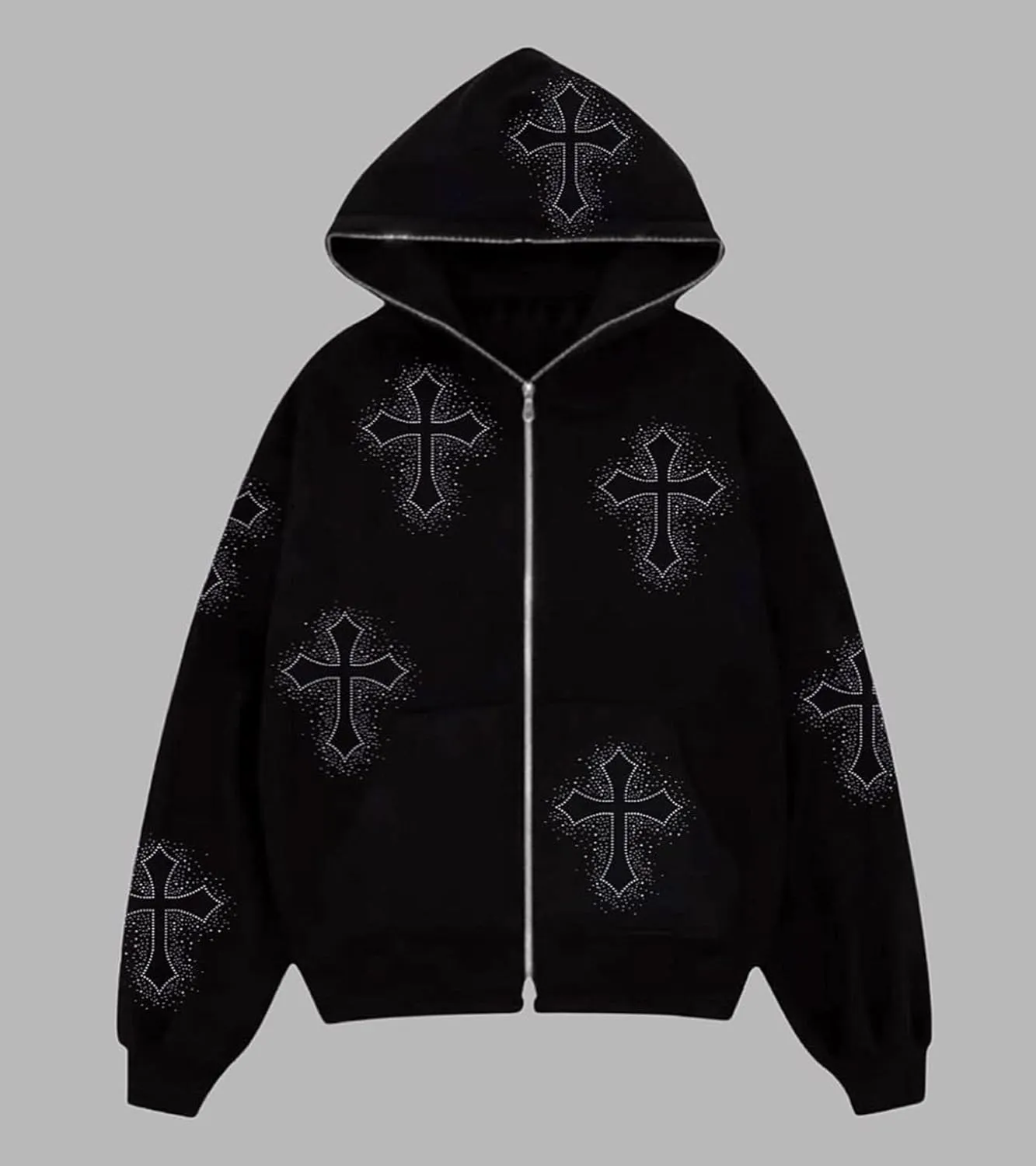 Rhinestone Skeleton Zip Up Hoodie, Men Women Y2K Oversize Jacket Skull Sweatershirt