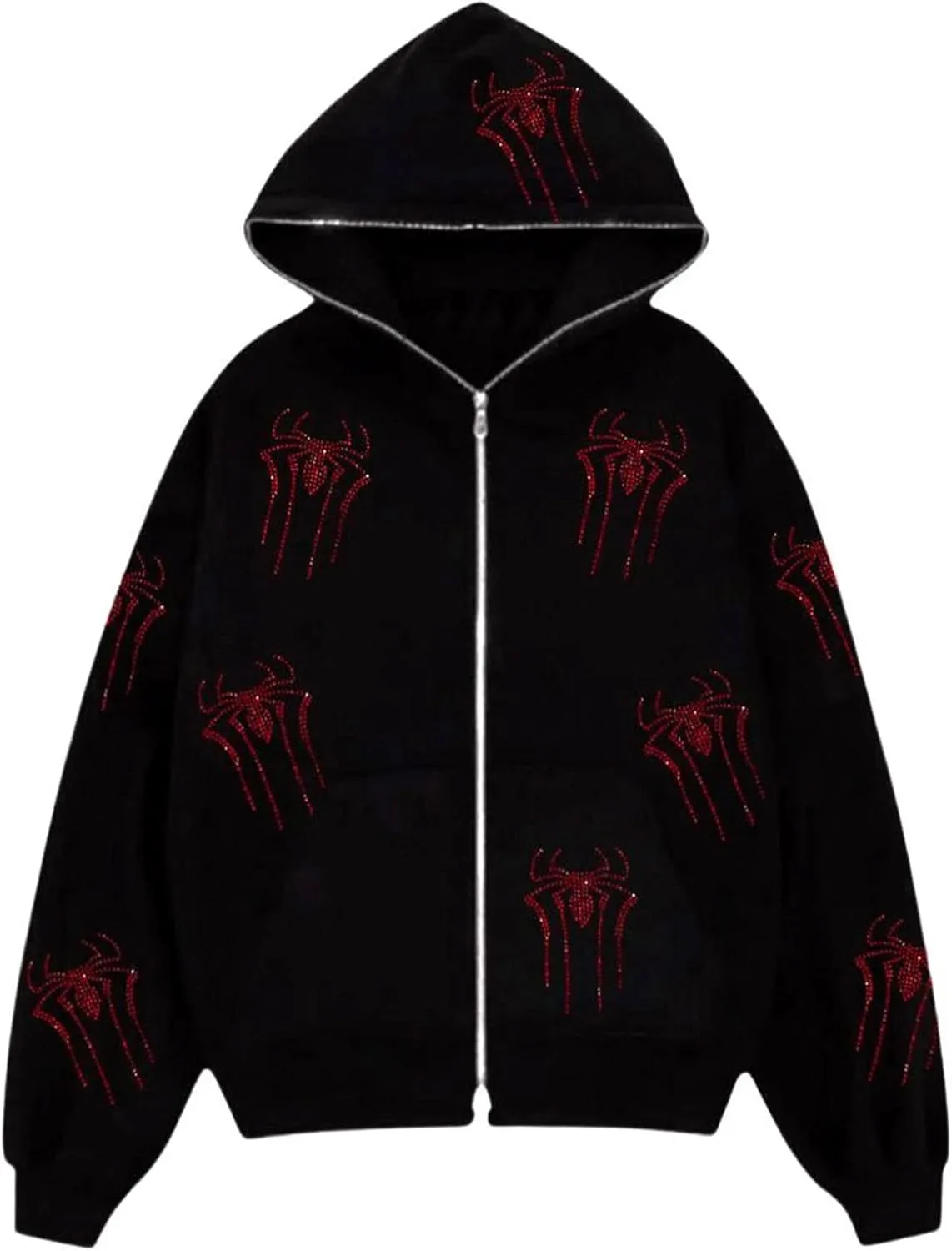 Rhinestone Skeleton Zip Up Hoodie, Men Women Y2K Oversize Jacket Skull Sweatershirt