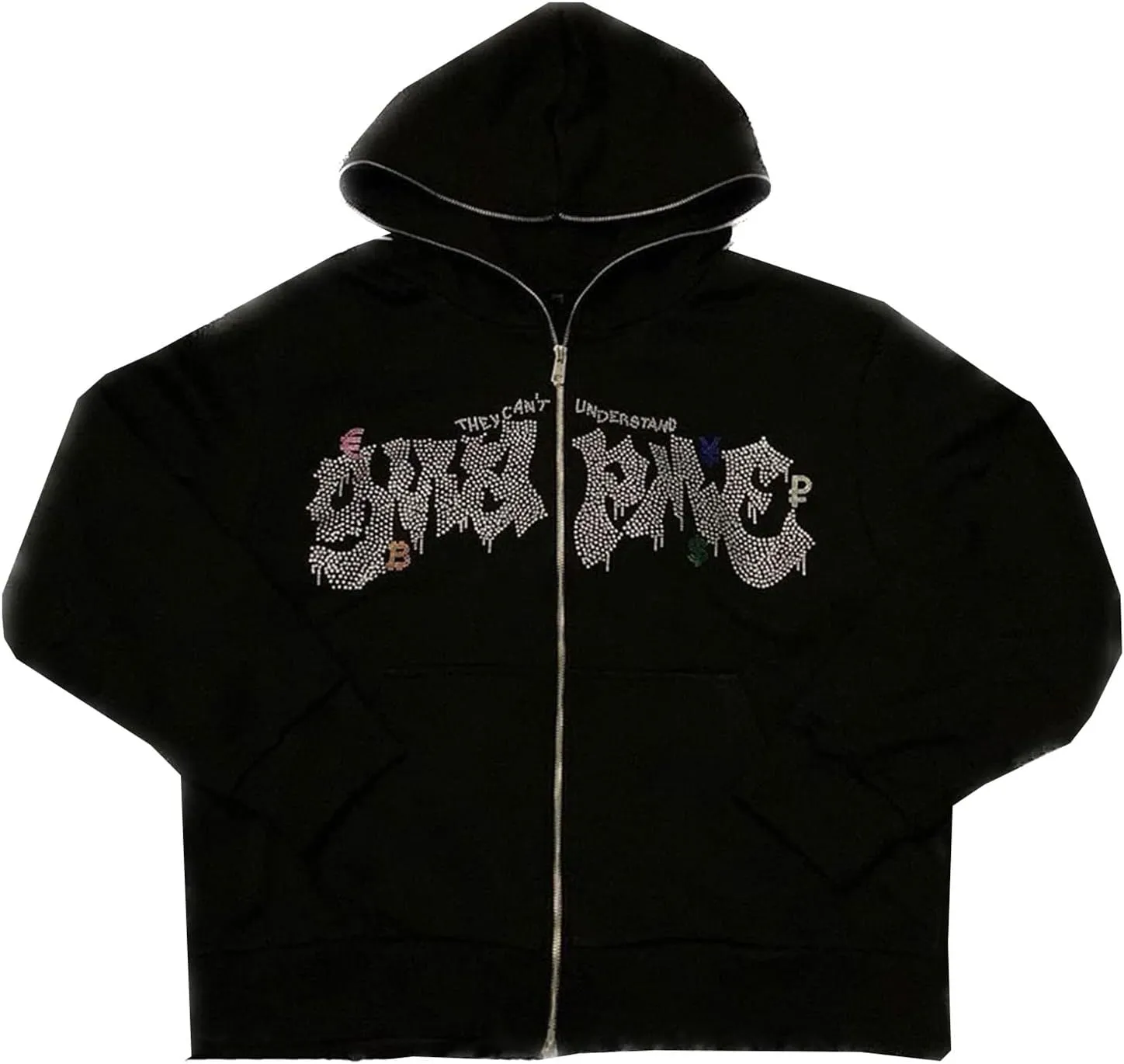Rhinestone Skeleton Zip Up Hoodie, Men Women Y2K Oversize Jacket Skull Sweatershirt