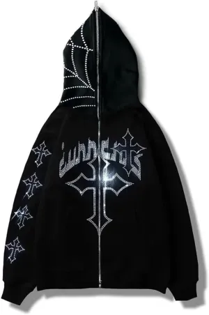 Rhinestone Skeleton Zip Up Hoodie, Men Women Y2K Oversize Jacket Skull Sweatershirt