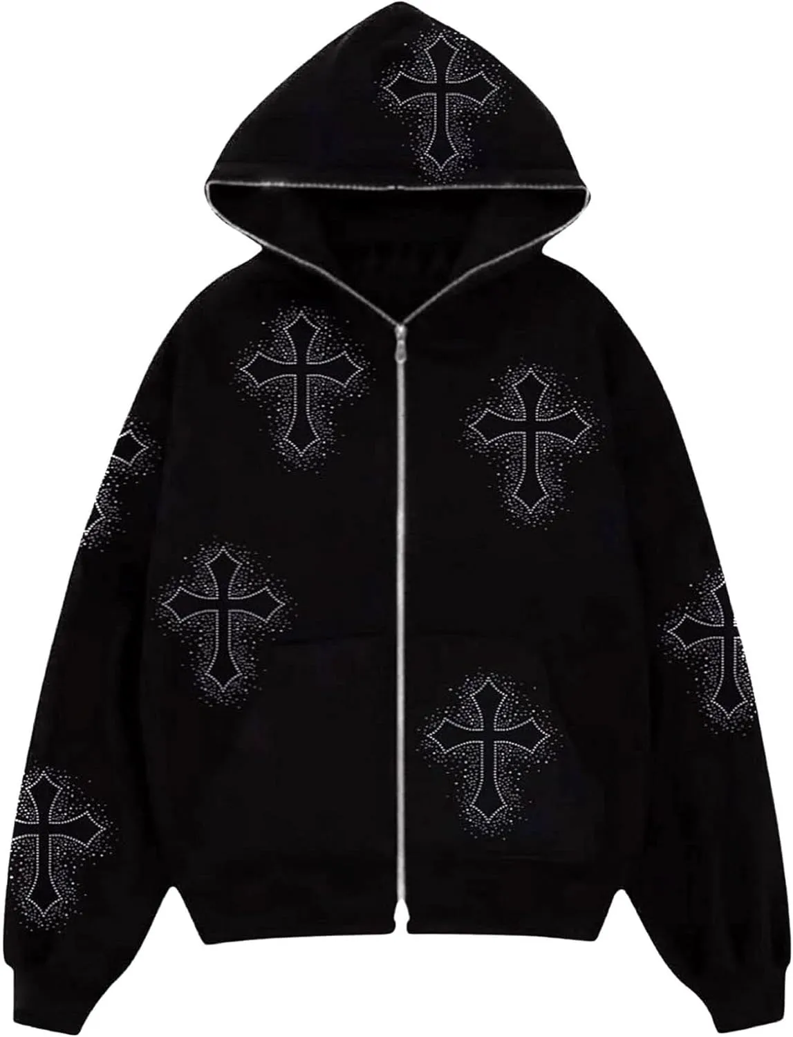Rhinestone Skeleton Zip Up Hoodie, Men Women Y2K Oversize Jacket Skull Sweatershirt