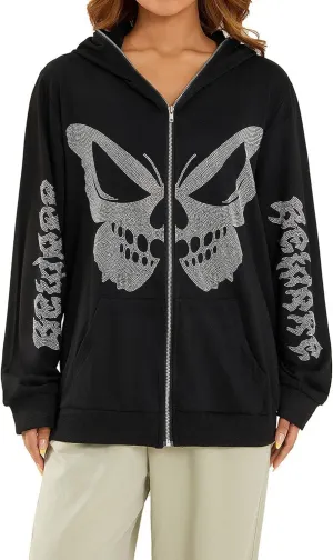 Rhinestone Skeleton Zip Up Hoodie, Men Women Y2K Oversize Jacket Skull Sweatershirt