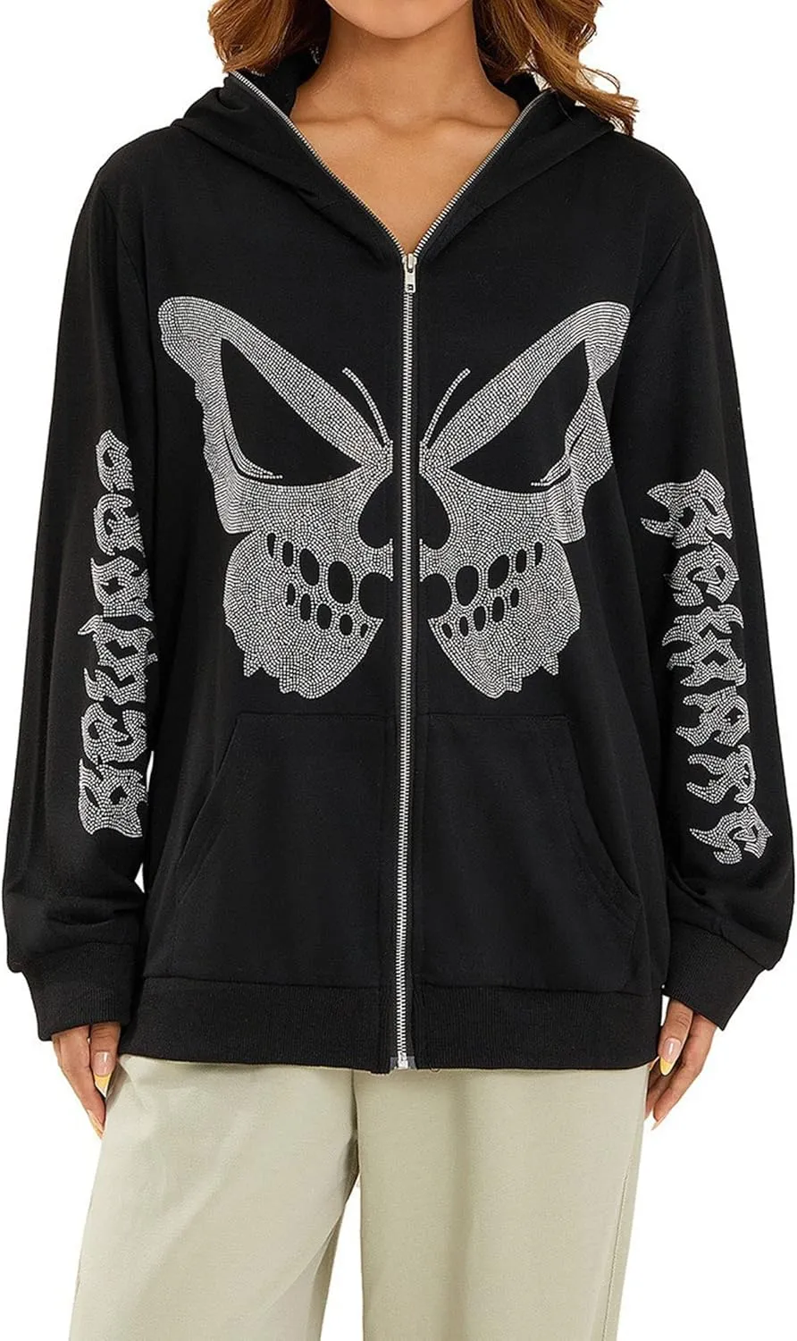 Rhinestone Skeleton Zip Up Hoodie, Men Women Y2K Oversize Jacket Skull Sweatershirt