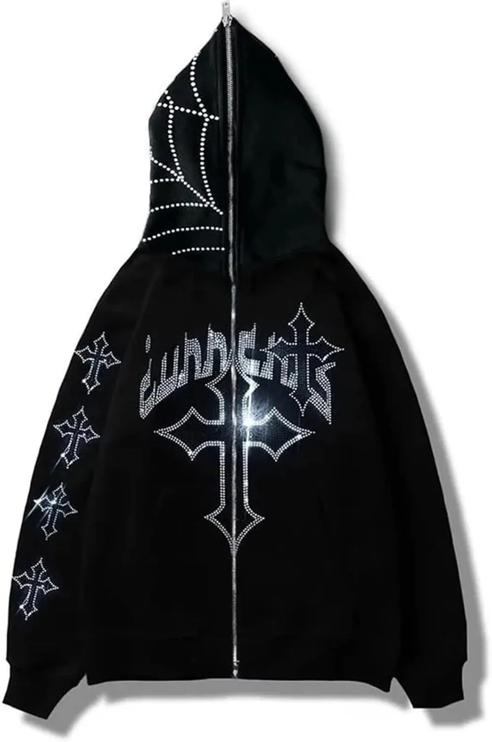 Rhinestone Skeleton Zip Up Hoodie, Men Women Y2K Oversize Jacket Skull Sweatershirt
