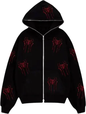 Rhinestone Skeleton Zip Up Hoodie, Men Women Y2K Oversize Jacket Skull Sweatershirt