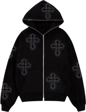 Rhinestone Skeleton Zip Up Hoodie, Men Women Y2K Oversize Jacket Skull Sweatershirt