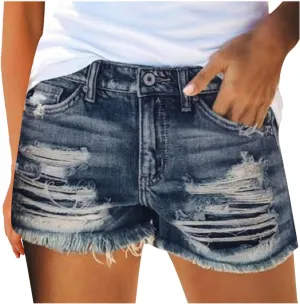 Ripped Denim Shorts for Women High Waisted Stretch Plain Color Trendy Vintage Shorts Jeans with Pockets Fray Hem Slim Shorts Summer Shorts for Teen Girls