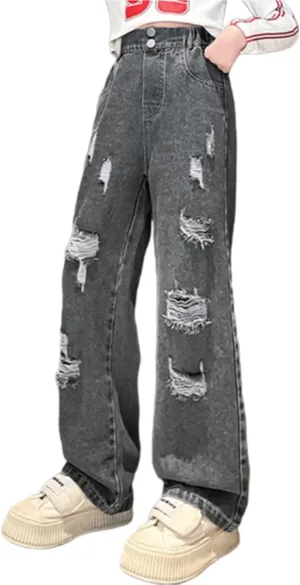 Ripped Jeans for Teens Girls Wide Leg Jeans High Waisted Straight Leg Baggy Jeans Kids Y2K Streetwear Denim Pants