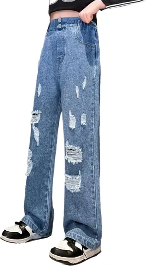 Ripped Jeans for Teens Girls Wide Leg Jeans High Waisted Straight Leg Baggy Jeans Kids Y2K Streetwear Denim Pants