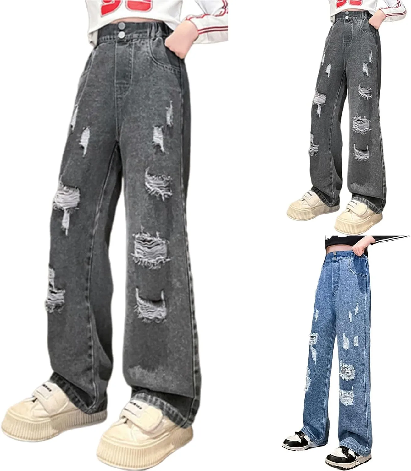 Ripped Jeans for Teens Girls Wide Leg Jeans High Waisted Straight Leg Baggy Jeans Kids Y2K Streetwear Denim Pants