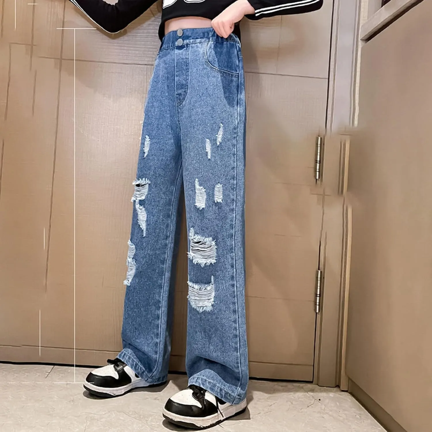 Ripped Jeans for Teens Girls Wide Leg Jeans High Waisted Straight Leg Baggy Jeans Kids Y2K Streetwear Denim Pants