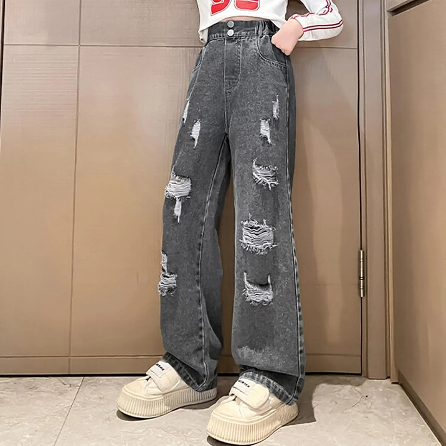 Ripped Jeans for Teens Girls Wide Leg Jeans High Waisted Straight Leg Baggy Jeans Kids Y2K Streetwear Denim Pants