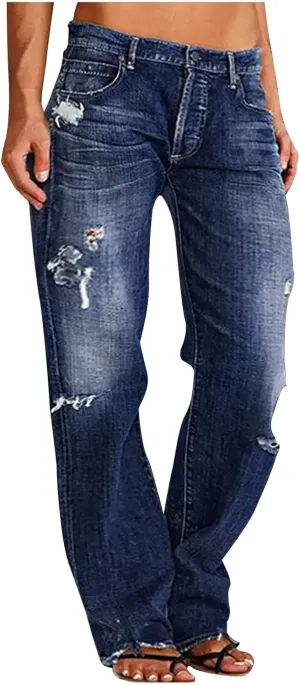 Ripped Jeans Womens Baggy Mid Rise Straight Leg Jeans Comfy Plus Size Denim Pants with Pocket Boyfriend Trouser Jeans