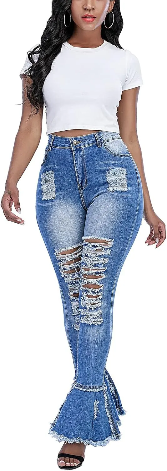 Ripped Jeans Womens Bell Bottom Jeans for Women High Rise Flare Pants Destroyed Distressed Skinny Retro Denim