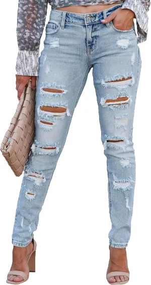 Ripped Jeans Womens high Waisted Stretch Skinny Distressed Cargo Emo Denim Pants