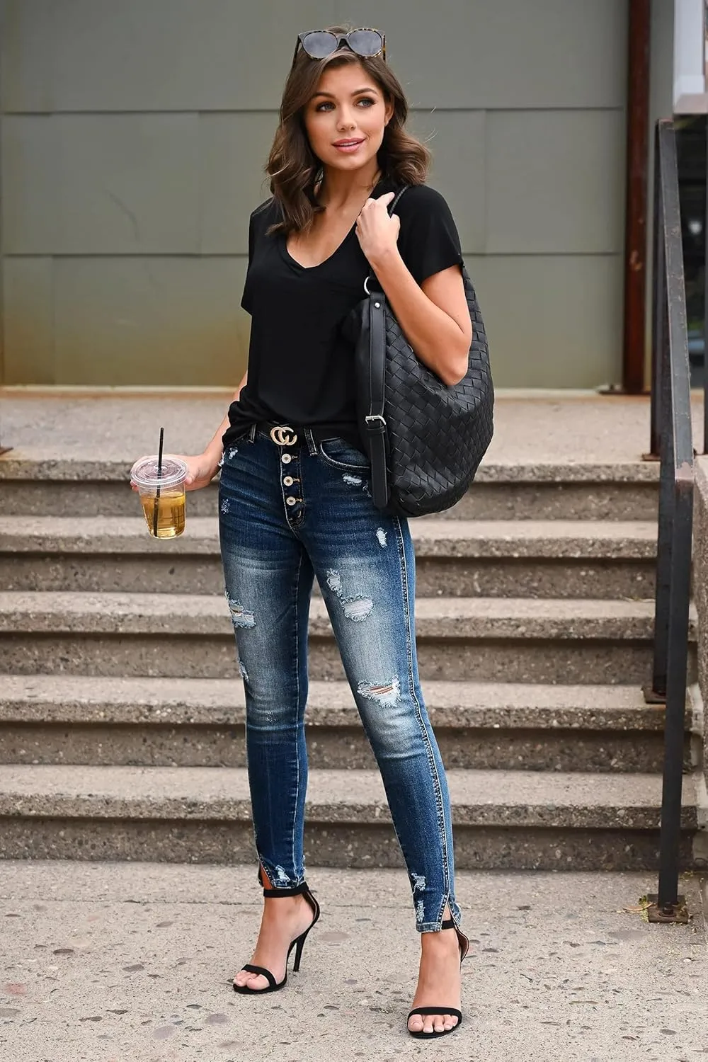Ripped Jeans Womens high Waisted Stretch Skinny Distressed Cargo Emo Denim Pants
