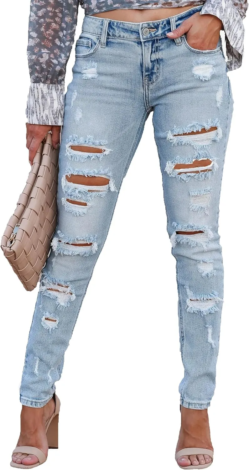 Ripped Jeans Womens high Waisted Stretch Skinny Distressed Cargo Emo Denim Pants