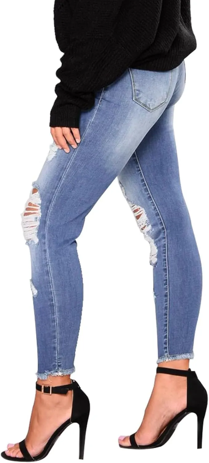 Ripped Jeans Womens Skinny Stretchy High Waisted Plus Size Raw Hem Denim Boyfriend Butt Lifting Jeggings with Pockets
