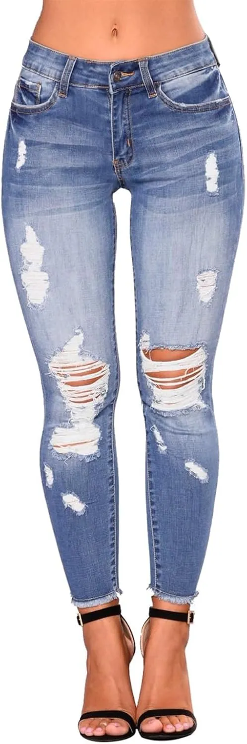 Ripped Jeans Womens Skinny Stretchy High Waisted Plus Size Raw Hem Denim Boyfriend Butt Lifting Jeggings with Pockets