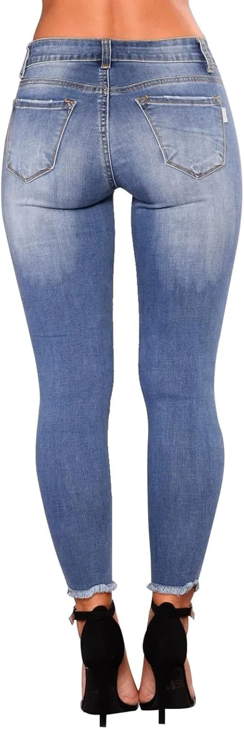 Ripped Jeans Womens Skinny Stretchy High Waisted Plus Size Raw Hem Denim Boyfriend Butt Lifting Jeggings with Pockets