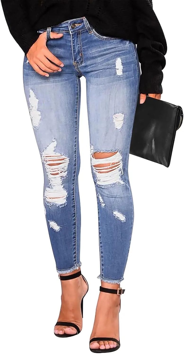 Ripped Jeans Womens Skinny Stretchy High Waisted Plus Size Raw Hem Denim Boyfriend Butt Lifting Jeggings with Pockets