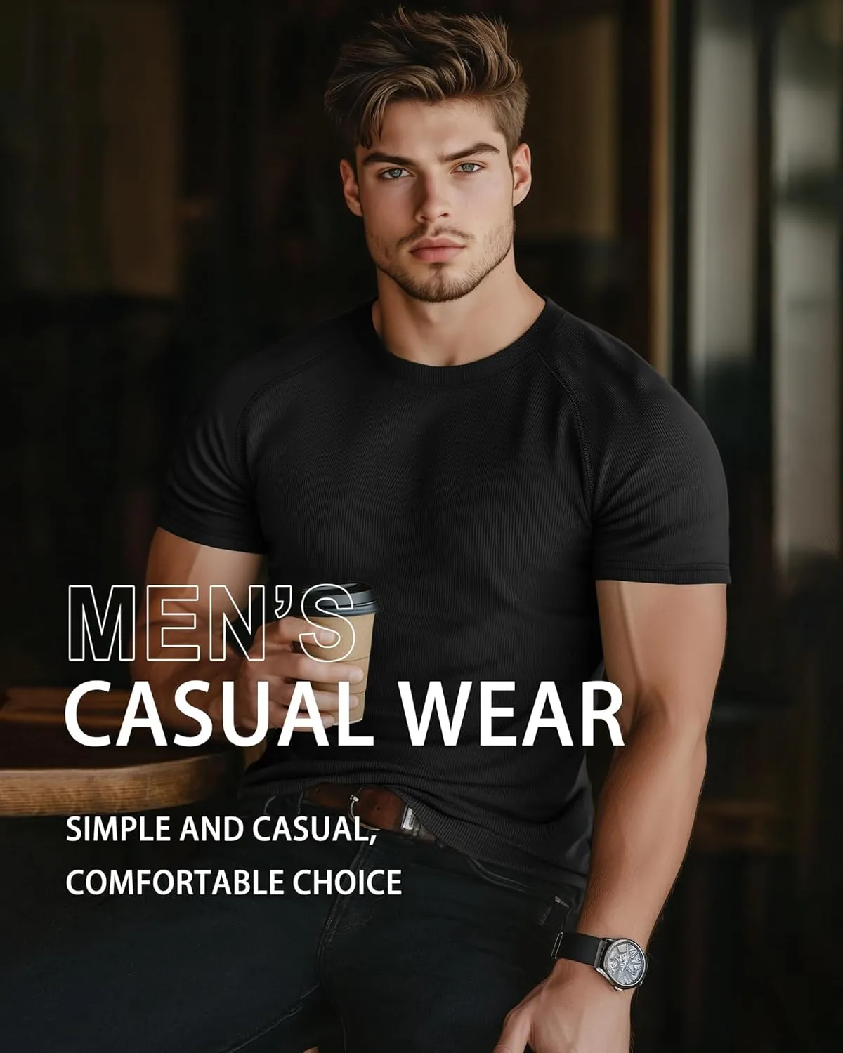 Riyiper 3 Pack Men's Muscle T Shirt Casual Short Sleeve Tops Ribbed Crewneck Slim Fit Workout Gym Curve Hem Basic Tee Shirts