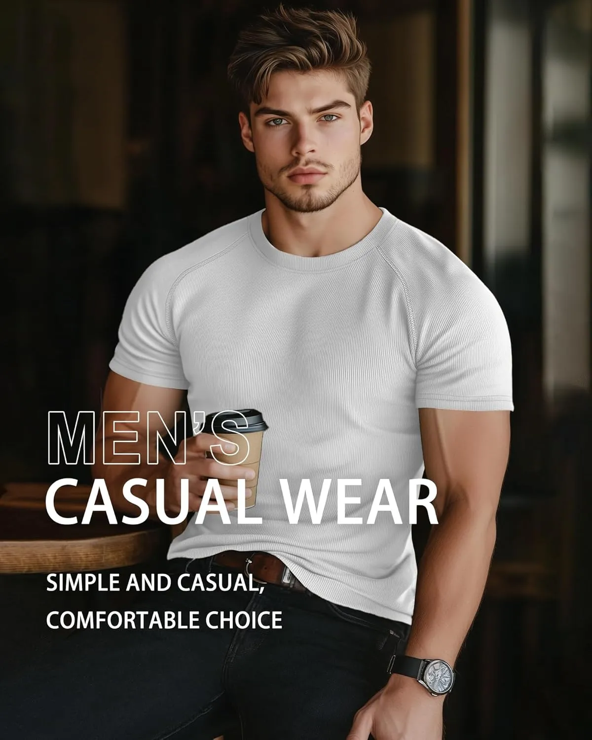 Riyiper 3 Pack Men's Muscle T Shirt Casual Short Sleeve Tops Ribbed Crewneck Slim Fit Workout Gym Curve Hem Basic Tee Shirts