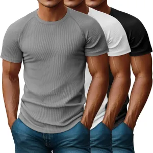Riyiper 3 Pack Men's Muscle T Shirt Casual Short Sleeve Tops Ribbed Crewneck Slim Fit Workout Gym Curve Hem Basic Tee Shirts