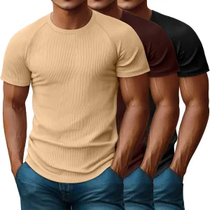 Riyiper 3 Pack Men's Muscle T Shirt Casual Short Sleeve Tops Ribbed Crewneck Slim Fit Workout Gym Curve Hem Basic Tee Shirts