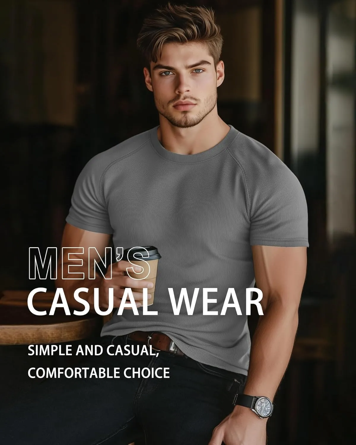 Riyiper 3 Pack Men's Muscle T Shirt Casual Short Sleeve Tops Ribbed Crewneck Slim Fit Workout Gym Curve Hem Basic Tee Shirts