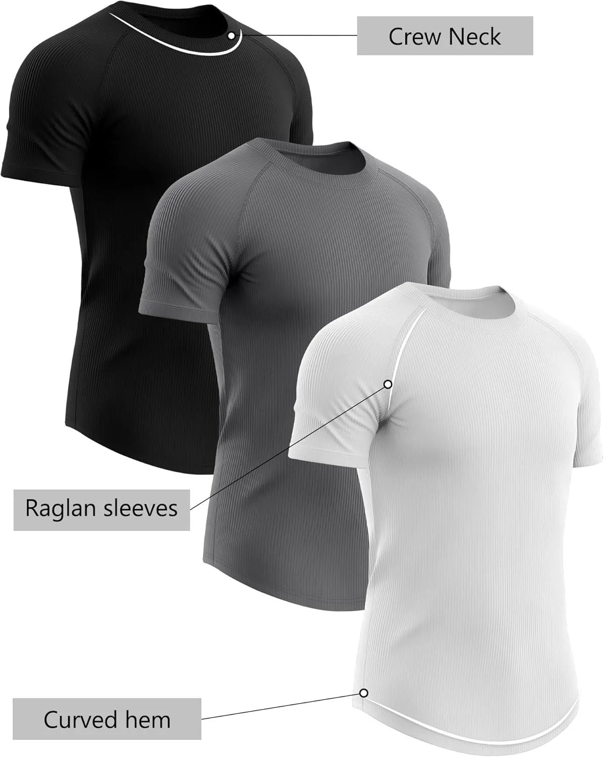 Riyiper 3 Pack Men's Muscle T Shirt Casual Short Sleeve Tops Ribbed Crewneck Slim Fit Workout Gym Curve Hem Basic Tee Shirts