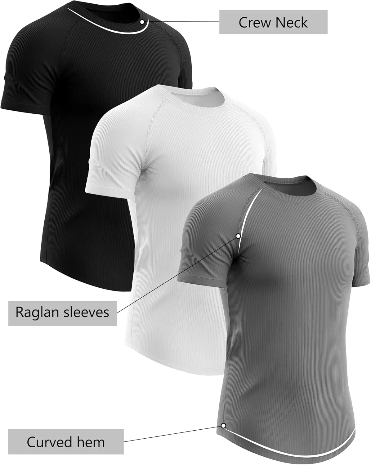Riyiper 3 Pack Men's Muscle T Shirt Casual Short Sleeve Tops Ribbed Crewneck Slim Fit Workout Gym Curve Hem Basic Tee Shirts
