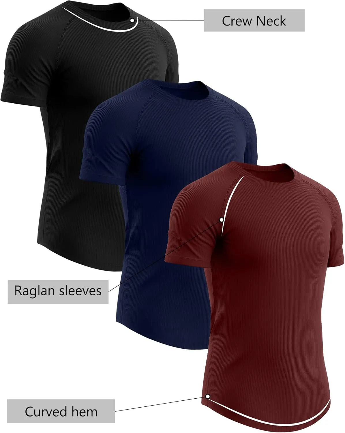 Riyiper 3 Pack Men's Muscle T Shirt Casual Short Sleeve Tops Ribbed Crewneck Slim Fit Workout Gym Curve Hem Basic Tee Shirts