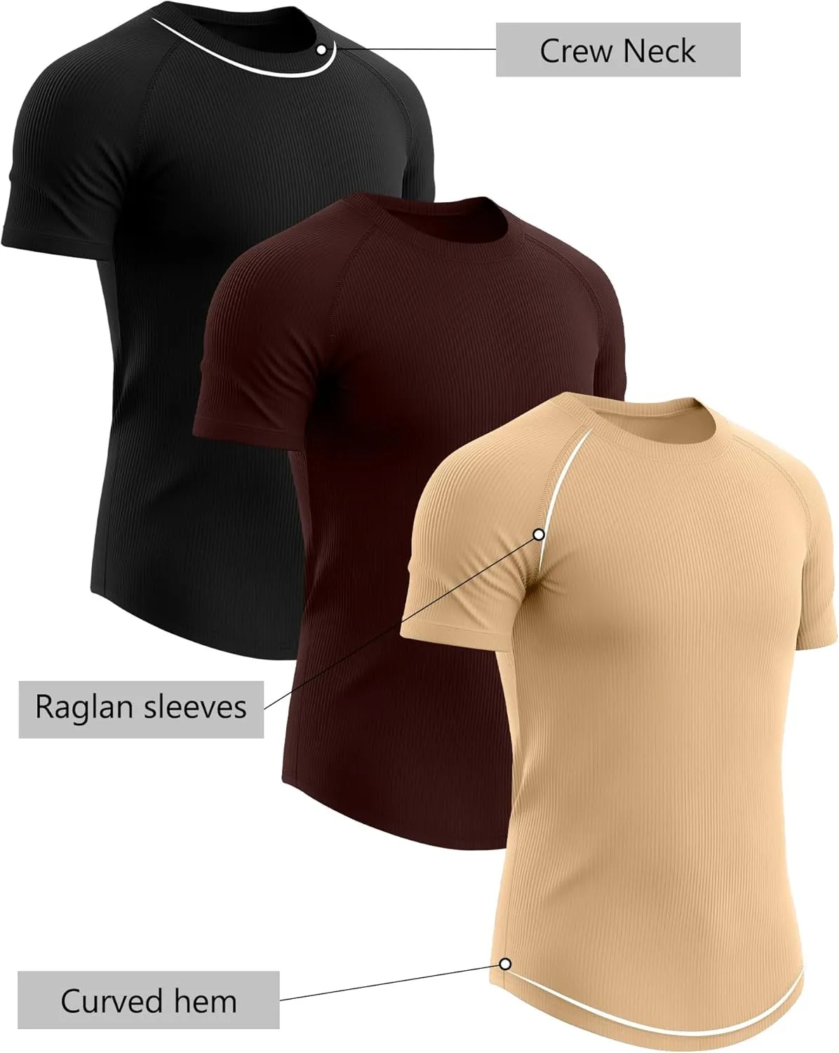 Riyiper 3 Pack Men's Muscle T Shirt Casual Short Sleeve Tops Ribbed Crewneck Slim Fit Workout Gym Curve Hem Basic Tee Shirts