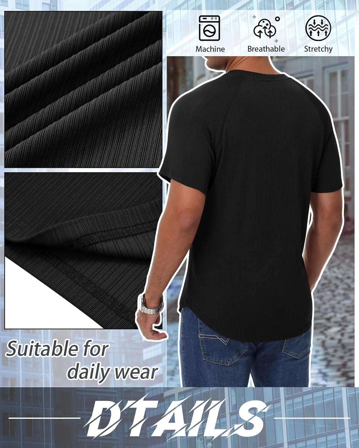 Riyiper 3 Pack Men's Muscle T Shirt Casual Short Sleeve Tops Ribbed Crewneck Slim Fit Workout Gym Curve Hem Basic Tee Shirts