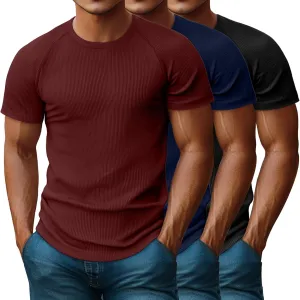 Riyiper 3 Pack Men's Muscle T Shirt Casual Short Sleeve Tops Ribbed Crewneck Slim Fit Workout Gym Curve Hem Basic Tee Shirts