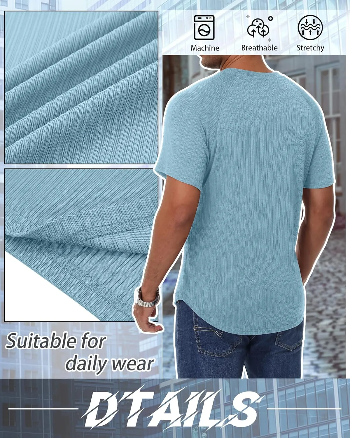 Riyiper 3 Pack Men's Muscle T Shirt Casual Short Sleeve Tops Ribbed Crewneck Slim Fit Workout Gym Curve Hem Basic Tee Shirts