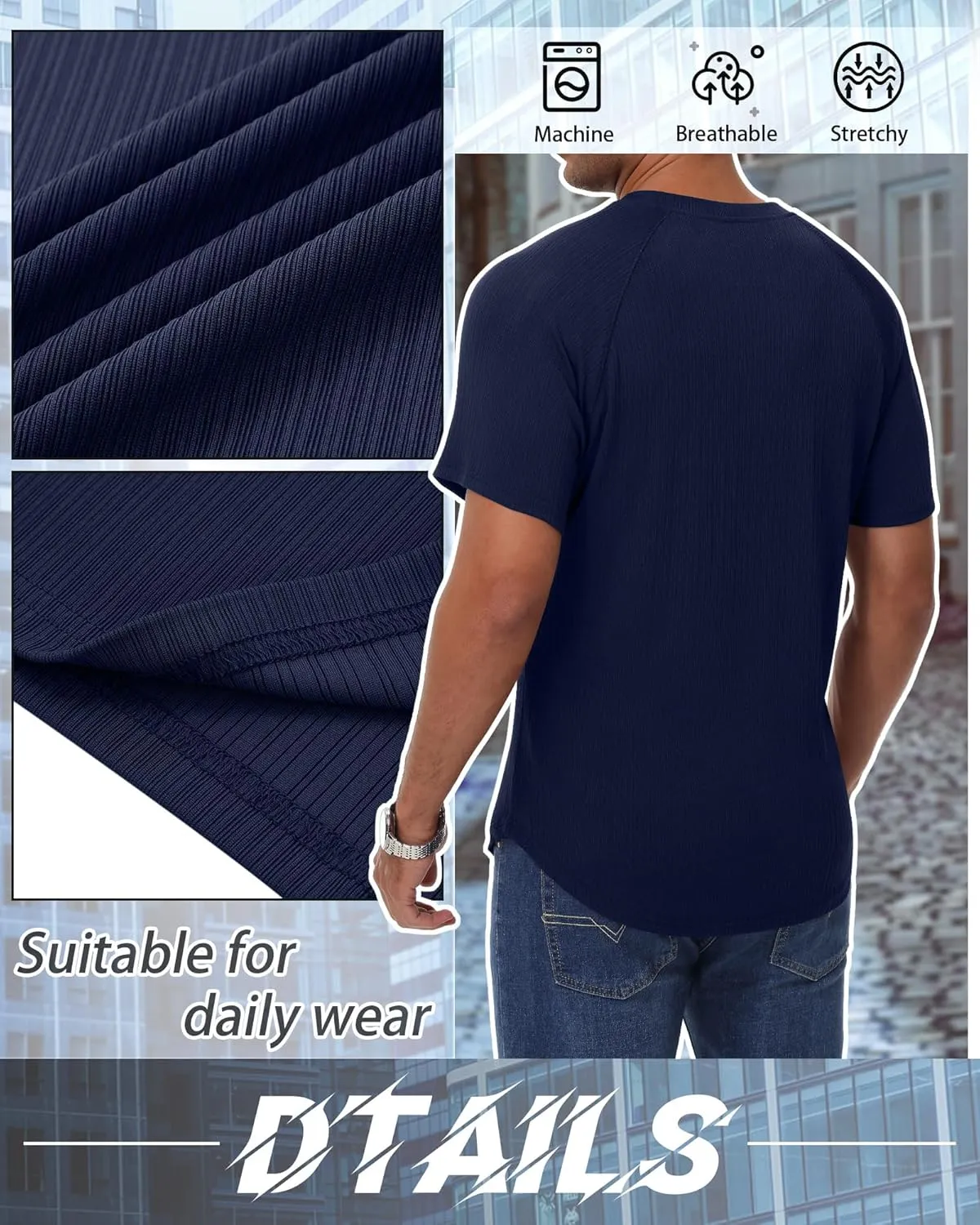Riyiper 3 Pack Men's Muscle T Shirt Casual Short Sleeve Tops Ribbed Crewneck Slim Fit Workout Gym Curve Hem Basic Tee Shirts