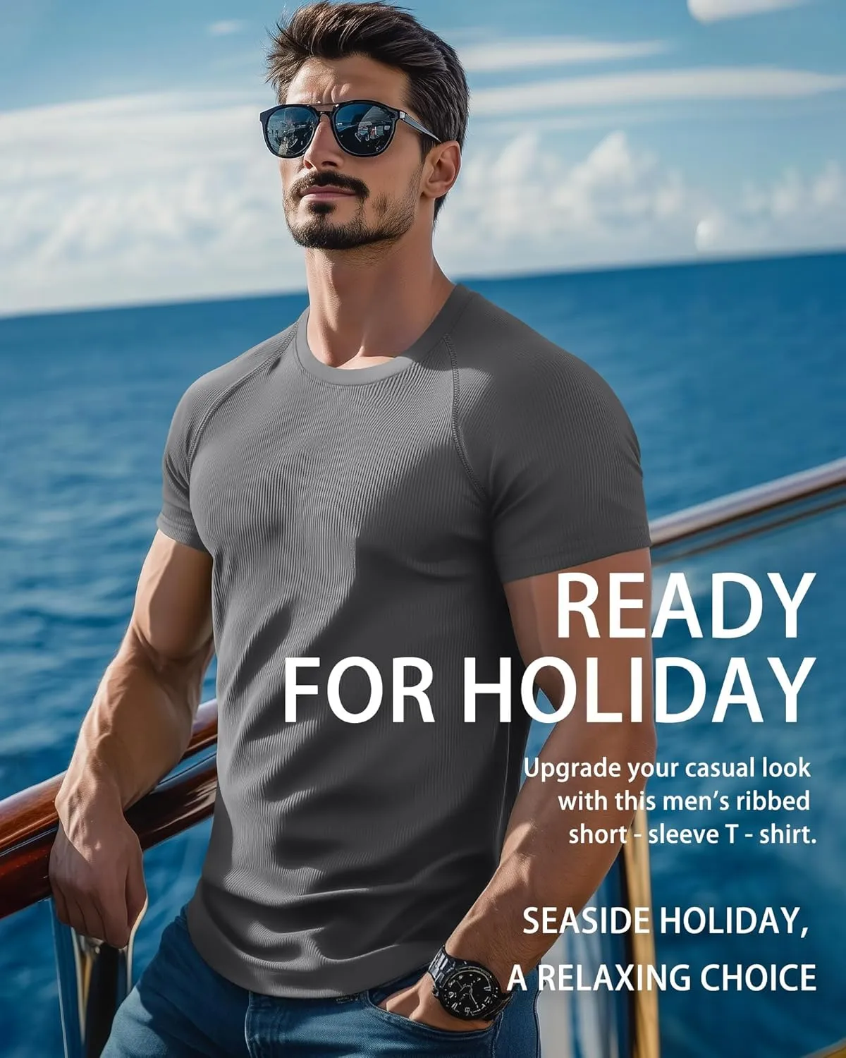 Riyiper 3 Pack Men's Muscle T Shirt Casual Short Sleeve Tops Ribbed Crewneck Slim Fit Workout Gym Curve Hem Basic Tee Shirts