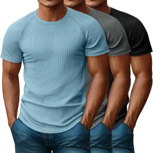 Riyiper 3 Pack Men's Muscle T Shirt Casual Short Sleeve Tops Ribbed Crewneck Slim Fit Workout Gym Curve Hem Basic Tee Shirts