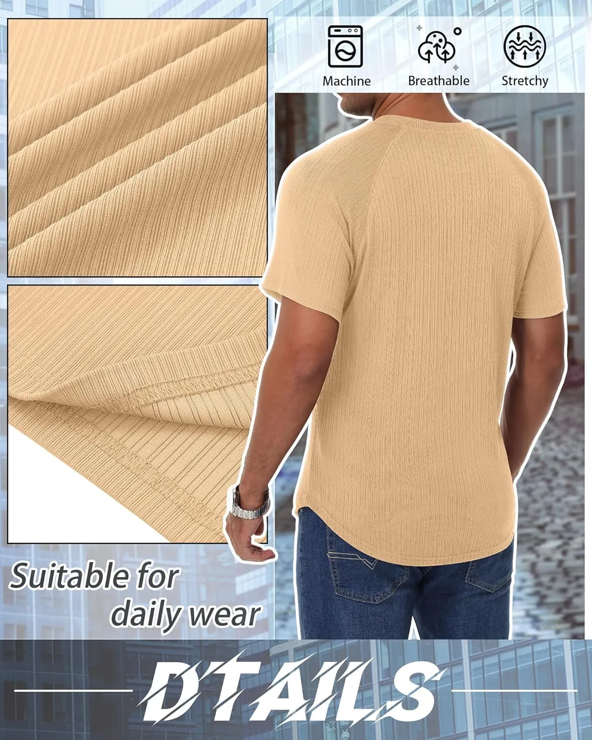 Riyiper 3 Pack Men's Muscle T Shirt Casual Short Sleeve Tops Ribbed Crewneck Slim Fit Workout Gym Curve Hem Basic Tee Shirts