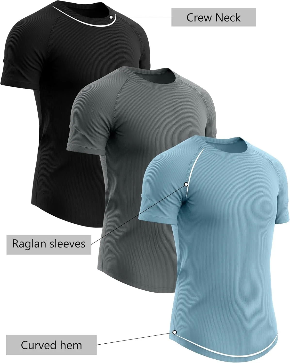 Riyiper 3 Pack Men's Muscle T Shirt Casual Short Sleeve Tops Ribbed Crewneck Slim Fit Workout Gym Curve Hem Basic Tee Shirts
