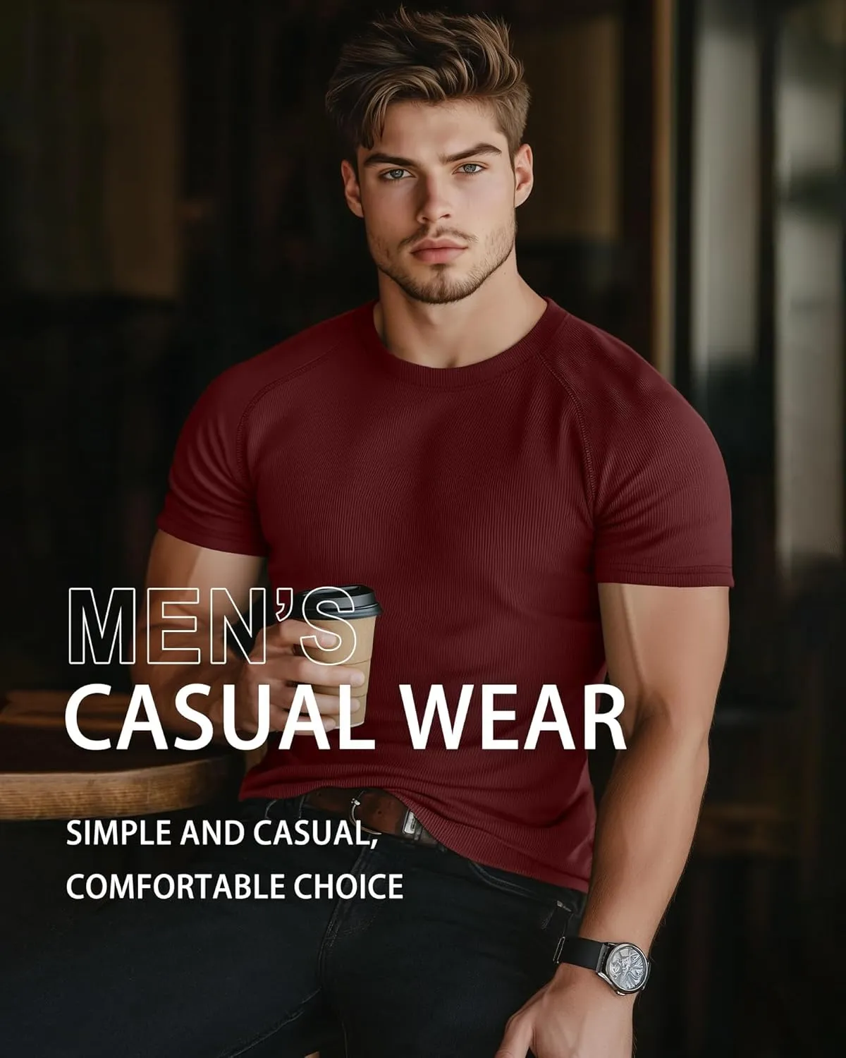 Riyiper 3 Pack Men's Muscle T Shirt Casual Short Sleeve Tops Ribbed Crewneck Slim Fit Workout Gym Curve Hem Basic Tee Shirts