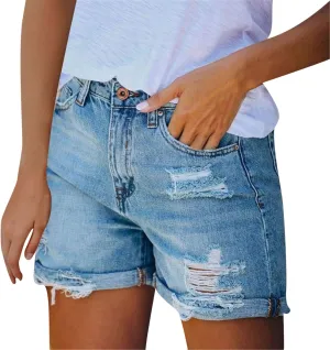 Sexy Denim Shorts for Women Fashionable High Rise Stretch Vintage Shorts Jeans Solid Frayed Raw Hem Hot Shorts