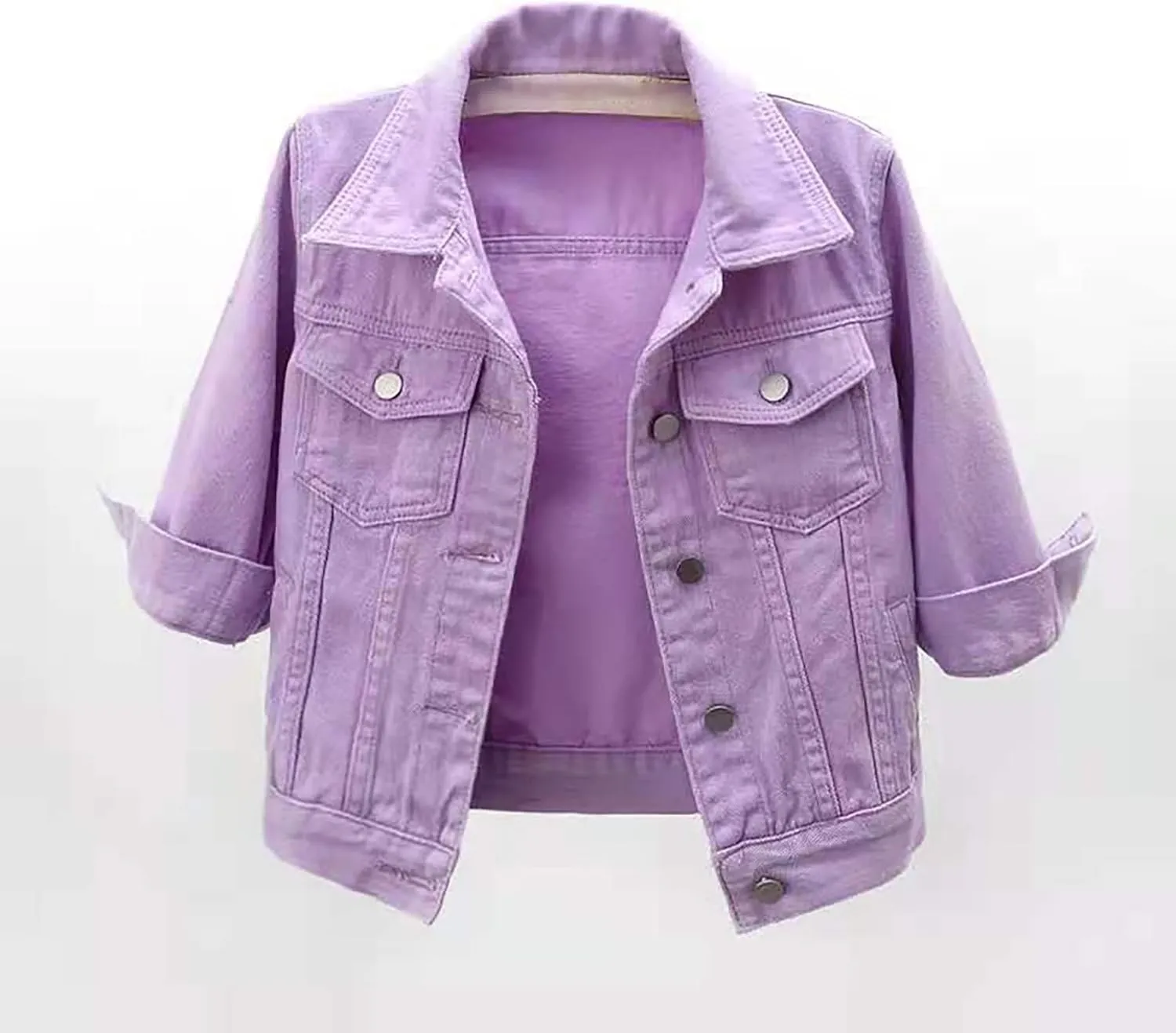 Short Sleeve Denim Jacket for Women 3/4 Sleeve Cropped Light Wash Short Jean Jacket Slim Trucker Coat Denim Tops