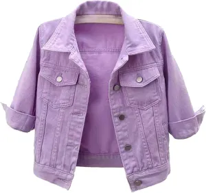 Short Sleeve Denim Jacket for Women 3/4 Sleeve Cropped Light Wash Short Jean Jacket Slim Trucker Coat Denim Tops