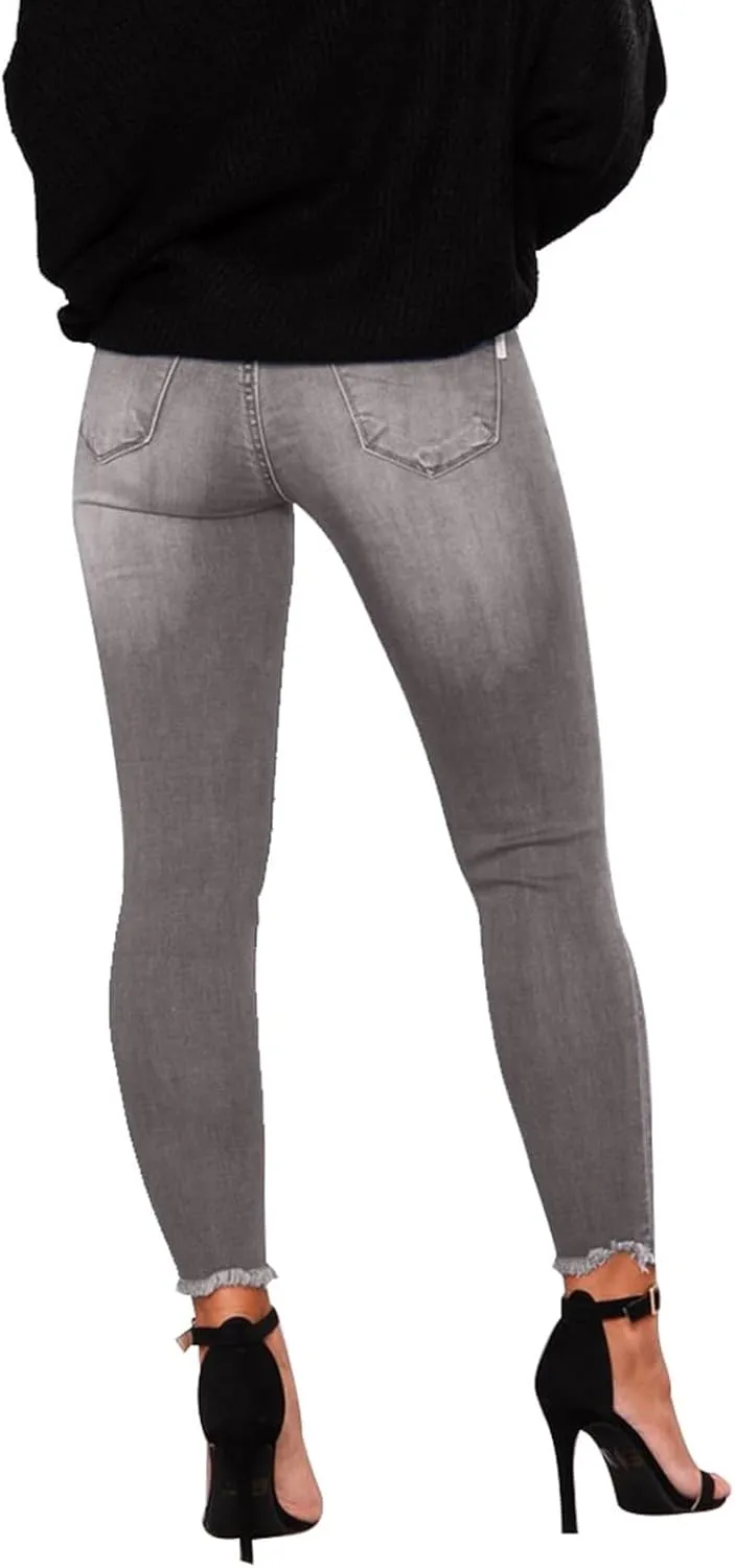 Skinny Jeans for Women Slim Fit Button Elastic Waist Ripped Jeans Business Casual Raw Hem Straight Leg Denim Jeans