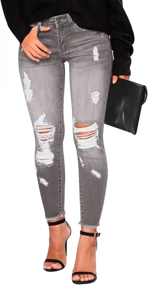 Skinny Jeans for Women Slim Fit Button Elastic Waist Ripped Jeans Business Casual Raw Hem Straight Leg Denim Jeans