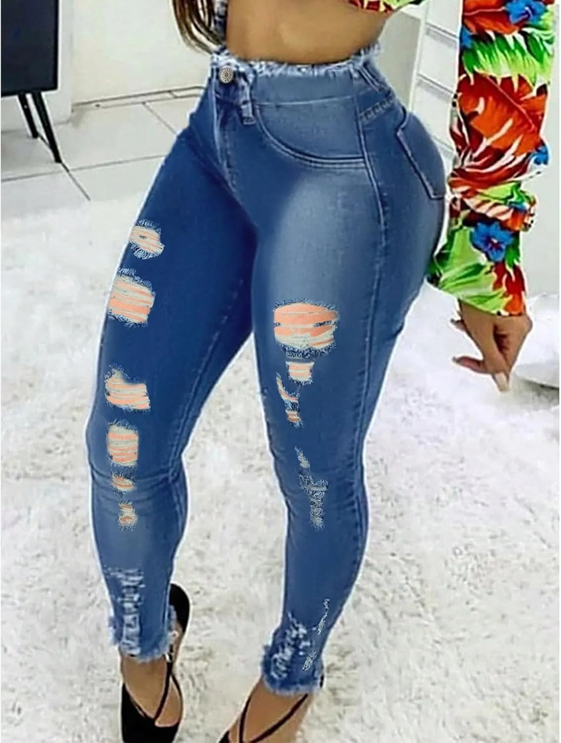 Skinny Ripped Jeans Womens High Waisted Stretchy Mom Jeans Trendy Distressed Tummy Control Jeggings with Pockets